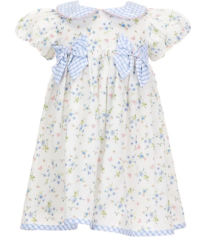 Rare Editions Little Girls Puffed-Sleeve Peter Gingham Pan Collar and Bows Ditsy-Floral-Printed Fit-And-Flare Dress