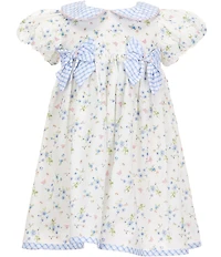 Rare Editions Little Girls Puffed-Sleeve Peter Gingham Pan Collar and Bows Ditsy-Floral-Printed Fit-And-Flare Dress