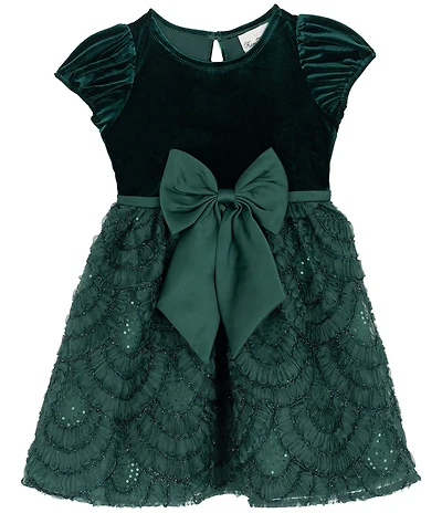 Rare Editions Little Girls Puffed-Sleeve Velvet-Bodice/Soutache-Embroidered-Skirted Fit-And-Flare Dress