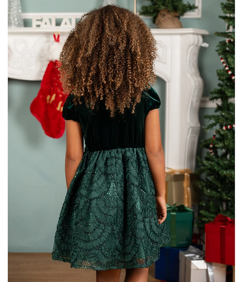 Rare Editions Little Girls Puffed-Sleeve Velvet-Bodice/Soutache-Embroidered-Skirted Fit-And-Flare Dress