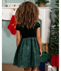 Rare Editions Little Girls Puffed-Sleeve Velvet-Bodice/Soutache-Embroidered-Skirted Fit-And-Flare Dress