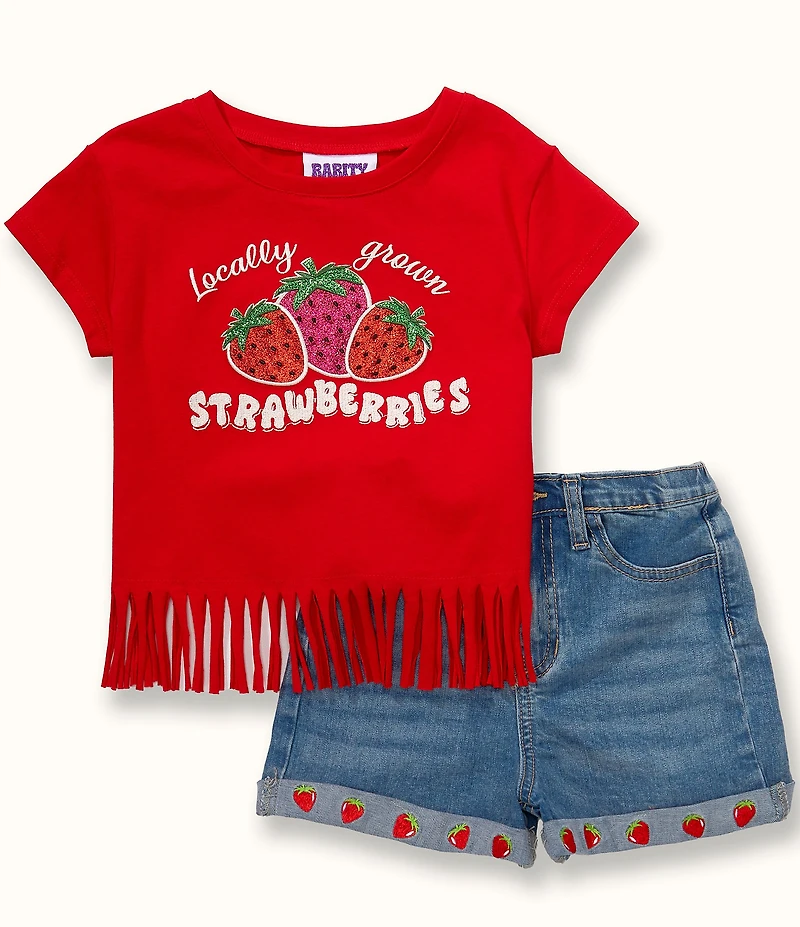 Rare Editions Little Girls Raglan-Sleeve Strawberry-Applique T-Shirt & Denim Shorts Set