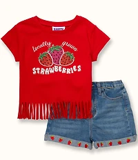 Rare Editions Little Girls Raglan-Sleeve Strawberry-Applique T-Shirt & Denim Shorts Set
