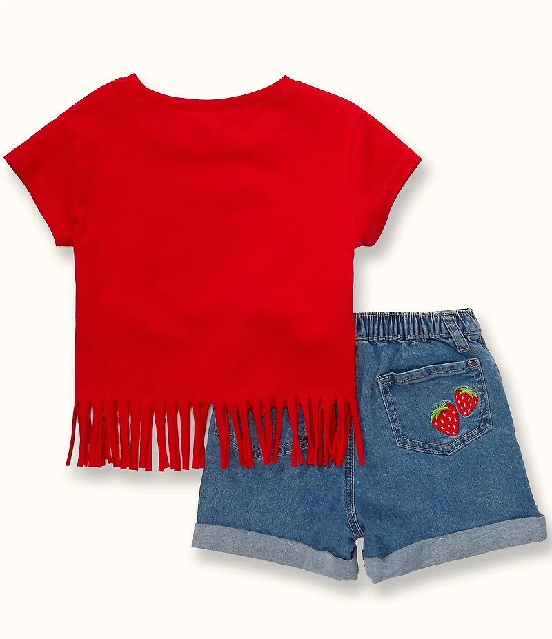 Rare Editions Little Girls Raglan-Sleeve Strawberry-Applique T-Shirt & Denim Shorts Set