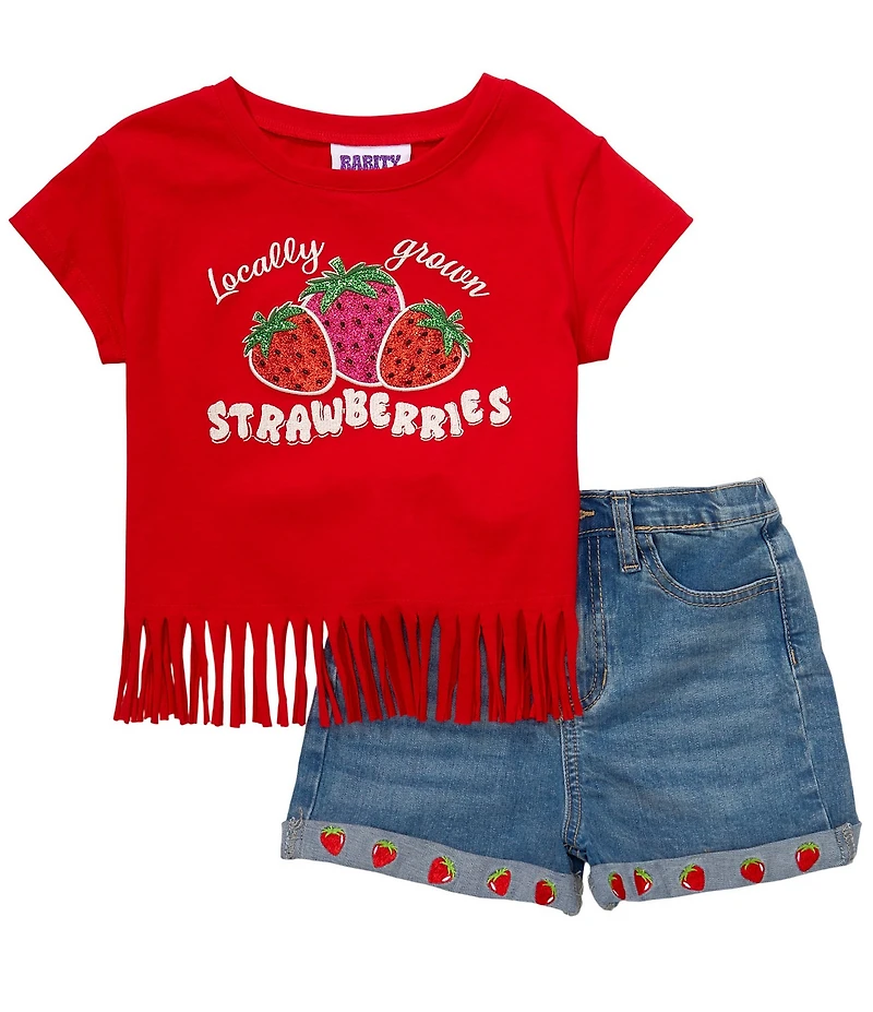 Rarity Little Girls Raglan-Sleeve Strawberry-Applique T-Shirt & Denim Shorts Set