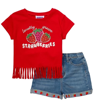 Rarity Little Girls Raglan-Sleeve Strawberry-Applique T-Shirt & Denim Shorts Set