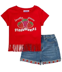 Rarity Little Girls Raglan-Sleeve Strawberry-Applique T-Shirt & Denim Shorts Set