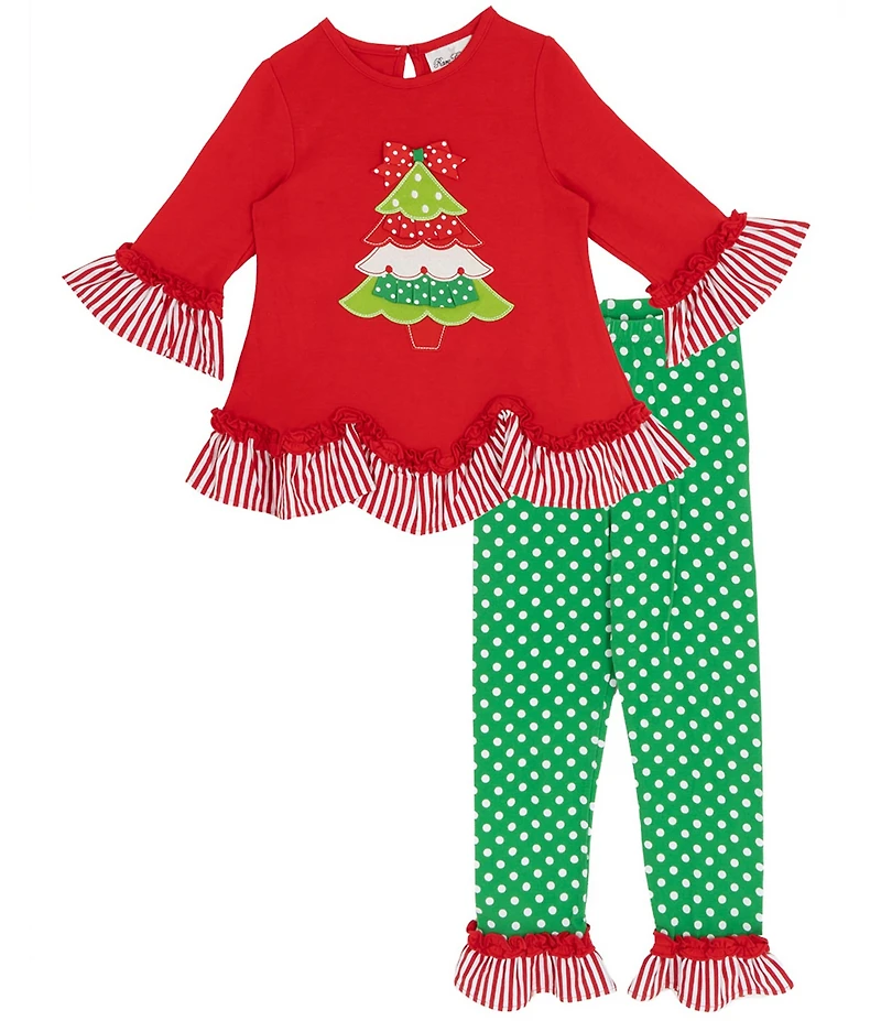 Rare Editions Little Girls Red Knit Christmas Tree Applique Top & Green Polka Dotted Leggings Set