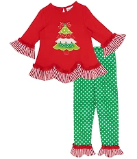 Rare Editions Little Girls Red Knit Christmas Tree Applique Top & Green Polka Dotted Leggings Set