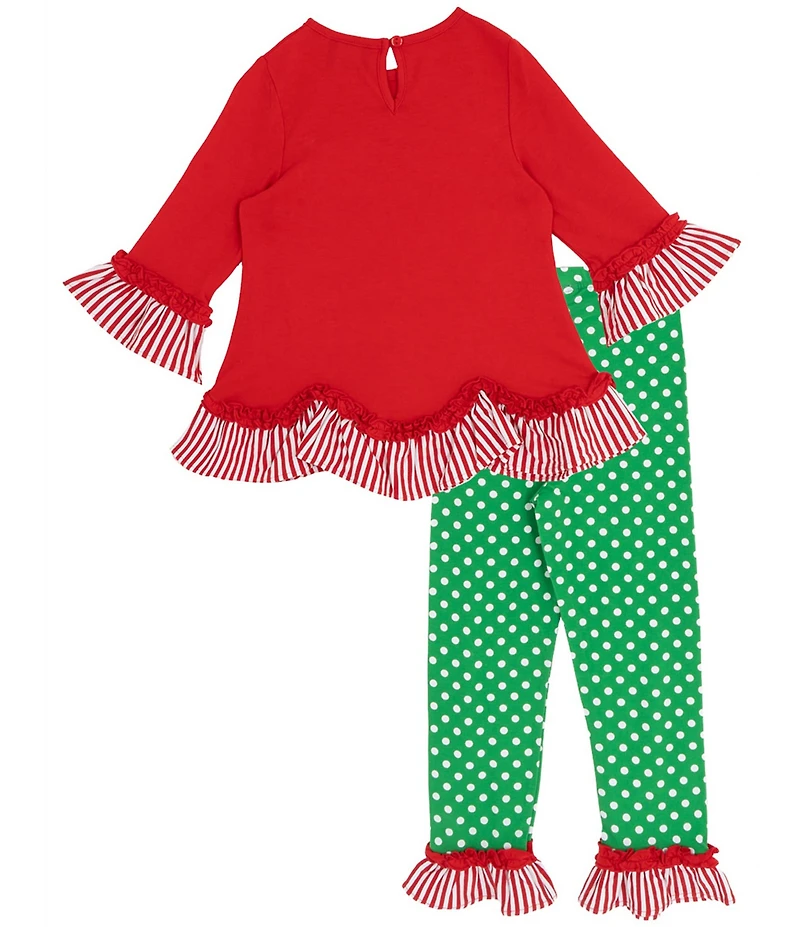 Rare Editions Little Girls Red Knit Christmas Tree Applique Top & Green Polka Dotted Leggings Set