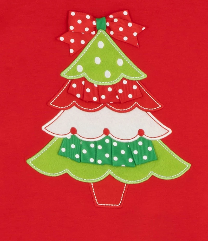 Rare Editions Little Girls Red Knit Christmas Tree Applique Top & Green Polka Dotted Leggings Set