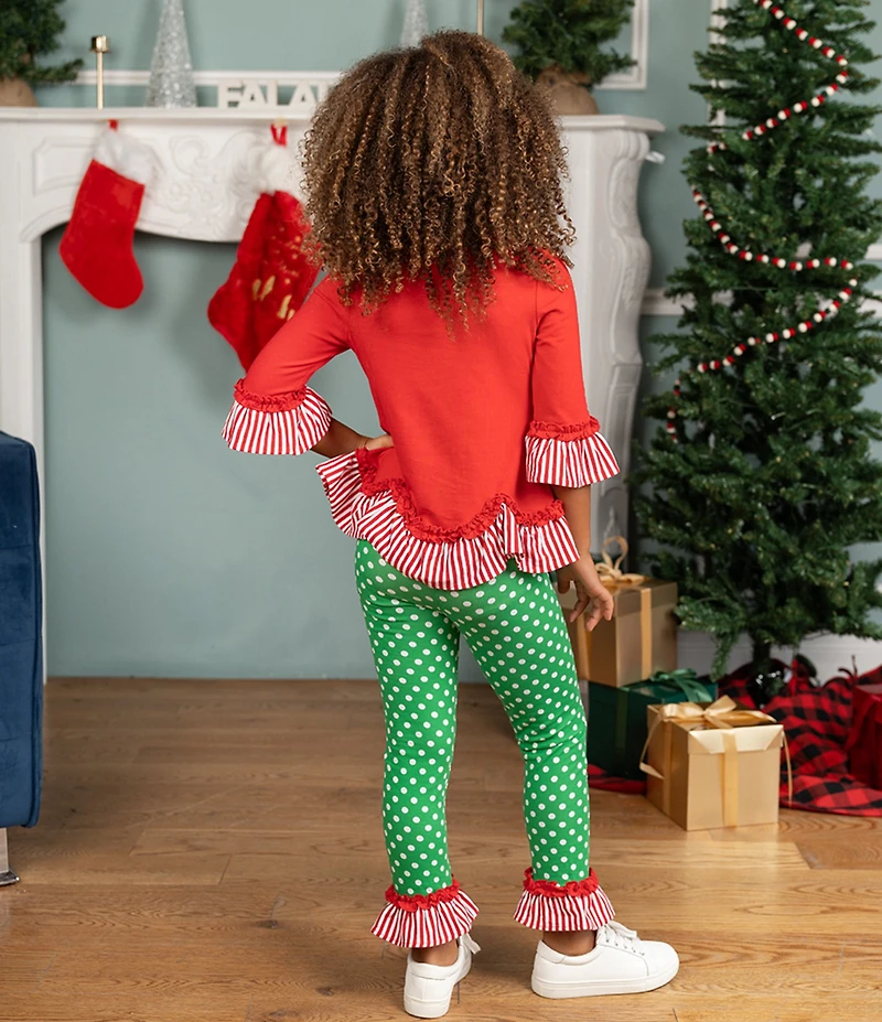Rare Editions Little Girls Red Knit Christmas Tree Applique Top & Green Polka Dotted Leggings Set