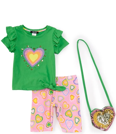Rare Editions Little Girls Ruffle-Sleeve Heart-Applique Top & Heart-Printed Biker Shorts Set