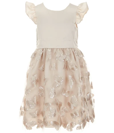 Rare Editions Little Girls Satin Flutter-Sleeve Bodice/Sequin-Embellished Butterfly-Embroidered Mesh Skirted Dress
