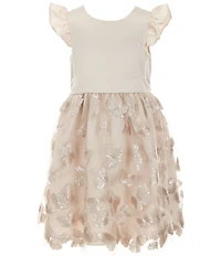 Rare Editions Little Girls Satin Flutter-Sleeve Bodice/Sequin-Embellished Butterfly-Embroidered Mesh Skirted Dress