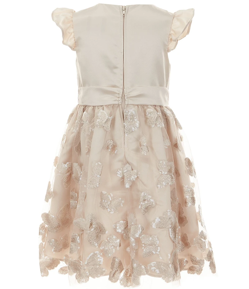Rare Editions Little Girls Satin Flutter-Sleeve Bodice/Sequin-Embellished Butterfly-Embroidered Mesh Skirted Dress