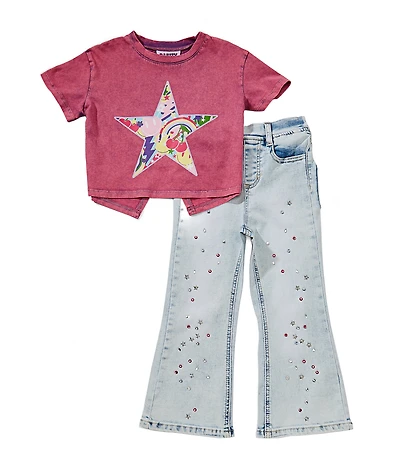Rare Editions Little Girls Short Sleeve Acid Washed T-Shirt & Wide Leg Pants Set