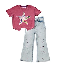 Rare Editions Little Girls Short Sleeve Acid Washed T-Shirt & Wide Leg Pants Set
