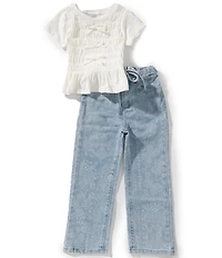 Rare Editions Little Girls Short-Sleeve Bow-Accented Smocked Top & Bandana-Printed Jeans Set