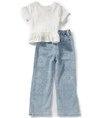 Rare Editions Little Girls Short-Sleeve Bow-Accented Smocked Top & Bandana-Printed Jeans Set