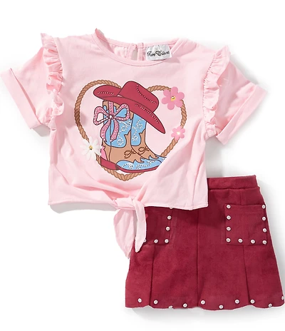 Rare Editions Little Girls Short-Sleeve Cowboy Boot Screenprinted Knit T-Shirt & Faux-Suede Skort Set