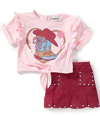 Rare Editions Little Girls Short-Sleeve Cowboy Boot Screenprinted Knit T-Shirt & Faux-Suede Skort Set