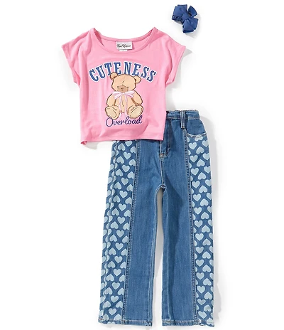 Rare Editions Little Girls Short-Sleeve Cuteness Bear T-Shirt & Heart-Printed-Paneled Jeans