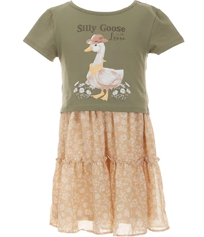 Rare Editions Little Girls Short-Sleeve Goose-Motif Popover Knit Bodice/Printed Chiffon Skirted Dress