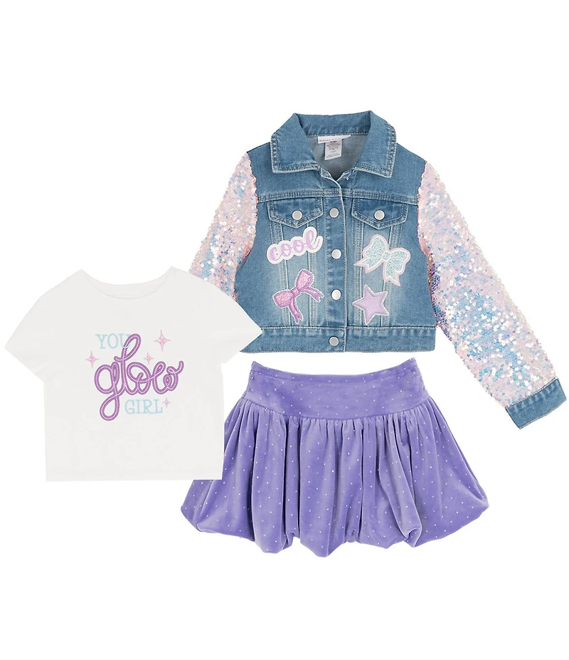 Rare Editions Little Girls Short Sleeve Graphic T-Shirt & Denim Jacket With Gem Velour Bubble Skort
