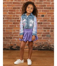 Rare Editions Little Girls Short Sleeve Graphic T-Shirt & Denim Jacket With Gem Velour Bubble Skort
