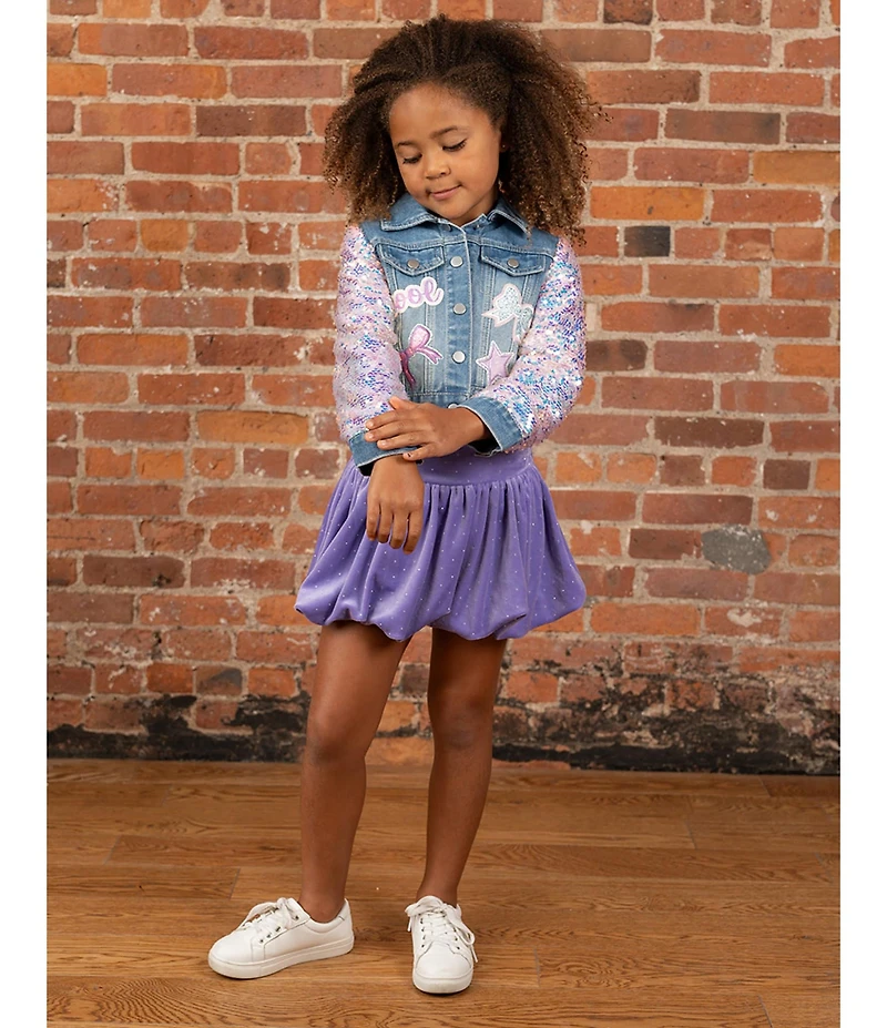 Rare Editions Little Girls Short Sleeve Graphic T-Shirt & Denim Jacket With Gem Velour Bubble Skort