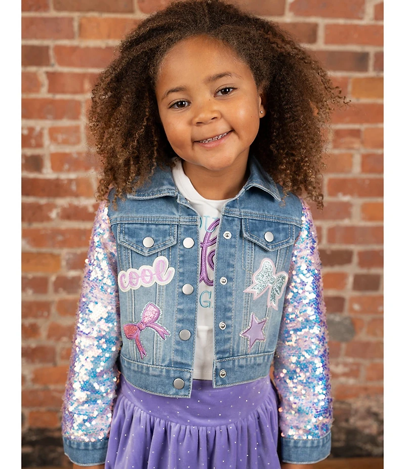 Rare Editions Little Girls Short Sleeve Graphic T-Shirt & Denim Jacket With Gem Velour Bubble Skort