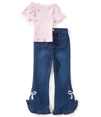 Rare Editions Little Girls Short-Sleeve Lace-Trimmed T-Shirt & Bow-Accented Jeans Set