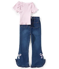 Rare Editions Little Girls Short-Sleeve Lace-Trimmed T-Shirt & Bow-Accented Jeans Set