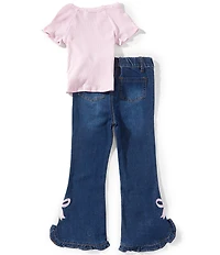 Rare Editions Little Girls Short-Sleeve Lace-Trimmed T-Shirt & Bow-Accented Jeans Set
