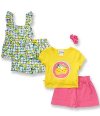 Rare Editions Little Girls Short-Sleeve Lemon-Applique T-Shirt & Printed Shorts & Printed Tank Top & Solid Shorts Four-Piece Set