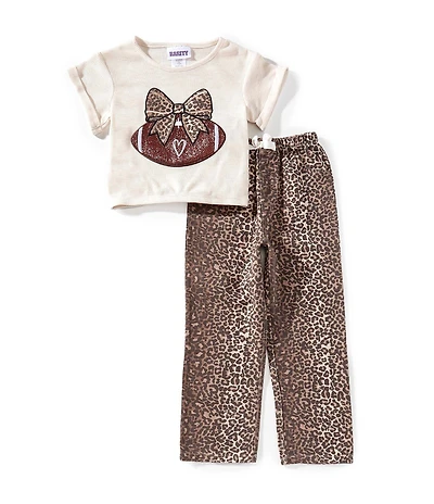 Rare Editions Little Girls Short Sleeve Solid Football Applique Knit Top & Cheetah-Printed Cheetah Pants Set