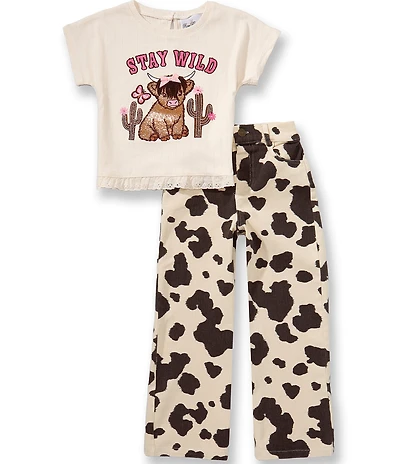 Rare Editions Little Girls Short Sleeve Stay Wild T-Shirt & Cow Print Jeans Set