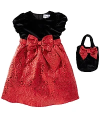 Rare Editions Little Girls Short Sleeve Velvet Bodice Skirt With A Bag Dress