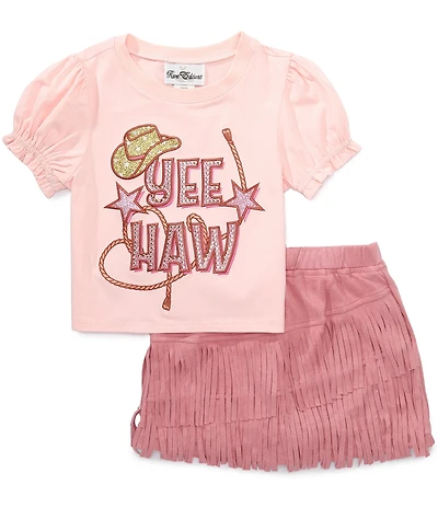 Rare Editions Little Girls Short Sleeve Yee Haw Knit T-Shirt & Faux Suede Fringe Skirt