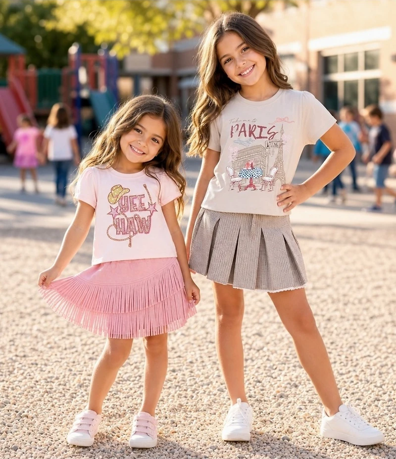 Rare Editions Little Girls Short Sleeve Yee Haw Knit T-Shirt & Faux Suede Fringe Skirt