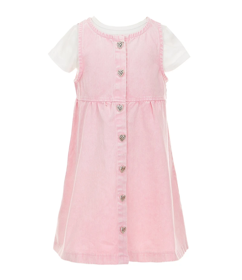 Rare Editions Little Girls Sleeveless Acid-Wash Denim Dress & Short-Sleeve Solid Knit T-Shirt Set