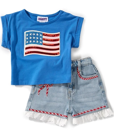 Rare Editions Little Girls Sleeveless American Flag Appliqued T-Shirt & Coordinating Denim Shorts Set
