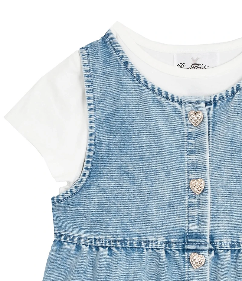 Rare Editions Little Girls Sleeveless Appliqued Denim Dress & Short-Sleeve Solid Knit T-Shirt Set