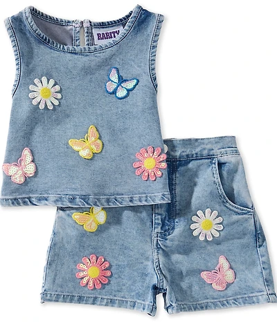 Rare Editions Little Girls Sleeveless Flowers and Butterfly Patch Denim Top & Shorts Set
