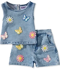 Rare Editions Little Girls Sleeveless Flowers and Butterfly Patch Denim Top & Shorts Set