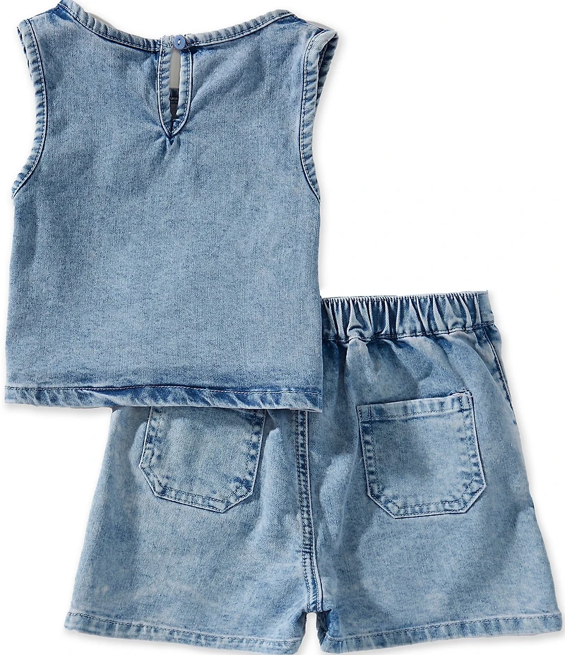 Rare Editions Little Girls Sleeveless Flowers and Butterfly Patch Denim Top & Shorts Set