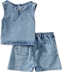 Rare Editions Little Girls Sleeveless Flowers and Butterfly Patch Denim Top & Shorts Set