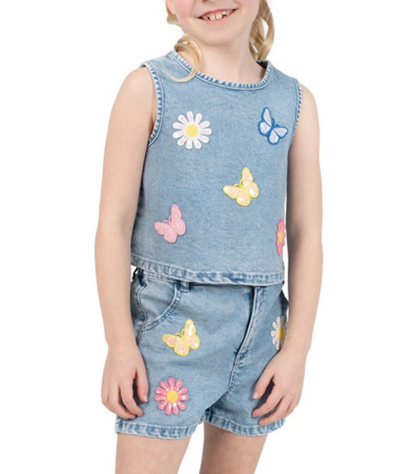 Rarity Little Girls Sleeveless Flowers and Butterfly Patch Denim Top & Shorts Set