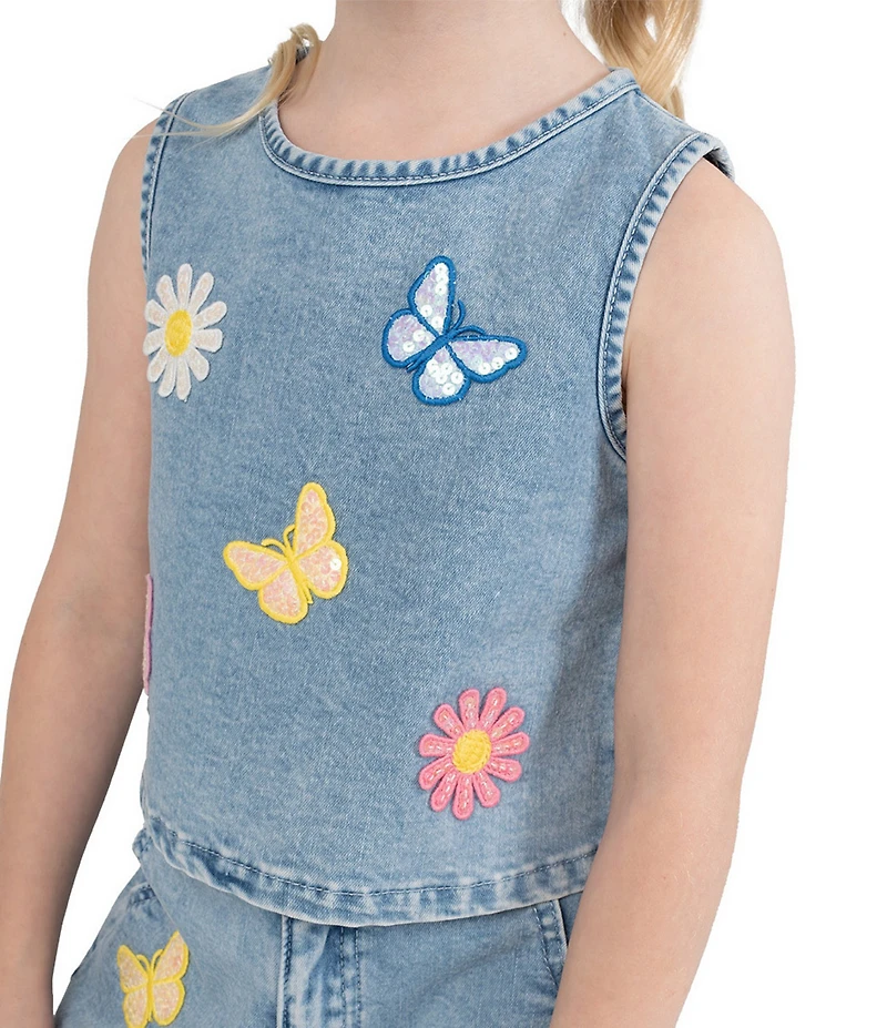 Rarity Little Girls Sleeveless Flowers and Butterfly Patch Denim Top & Shorts Set
